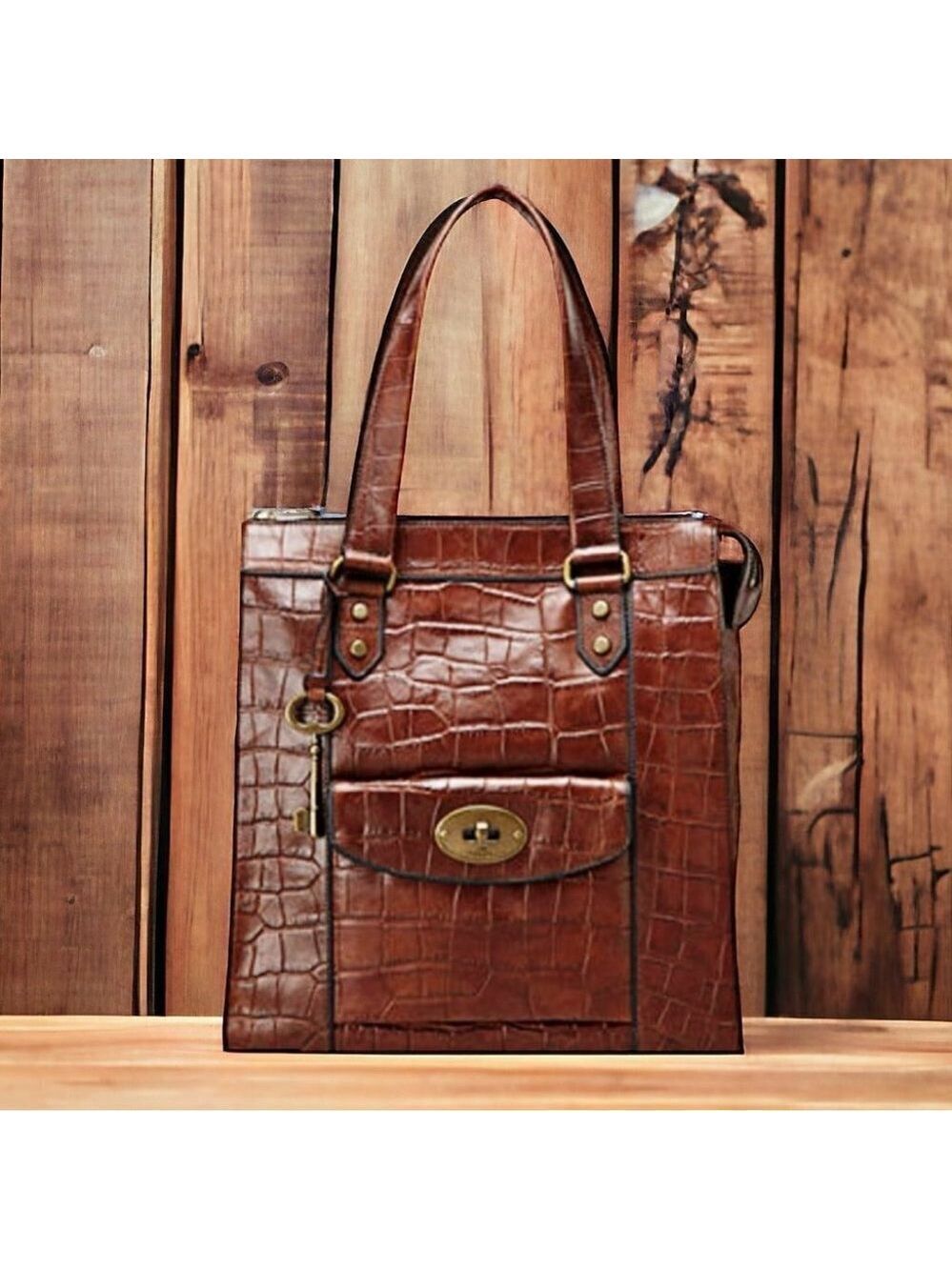 Fossil Revival Brown Croc Embossed Extra Large Leather Tote